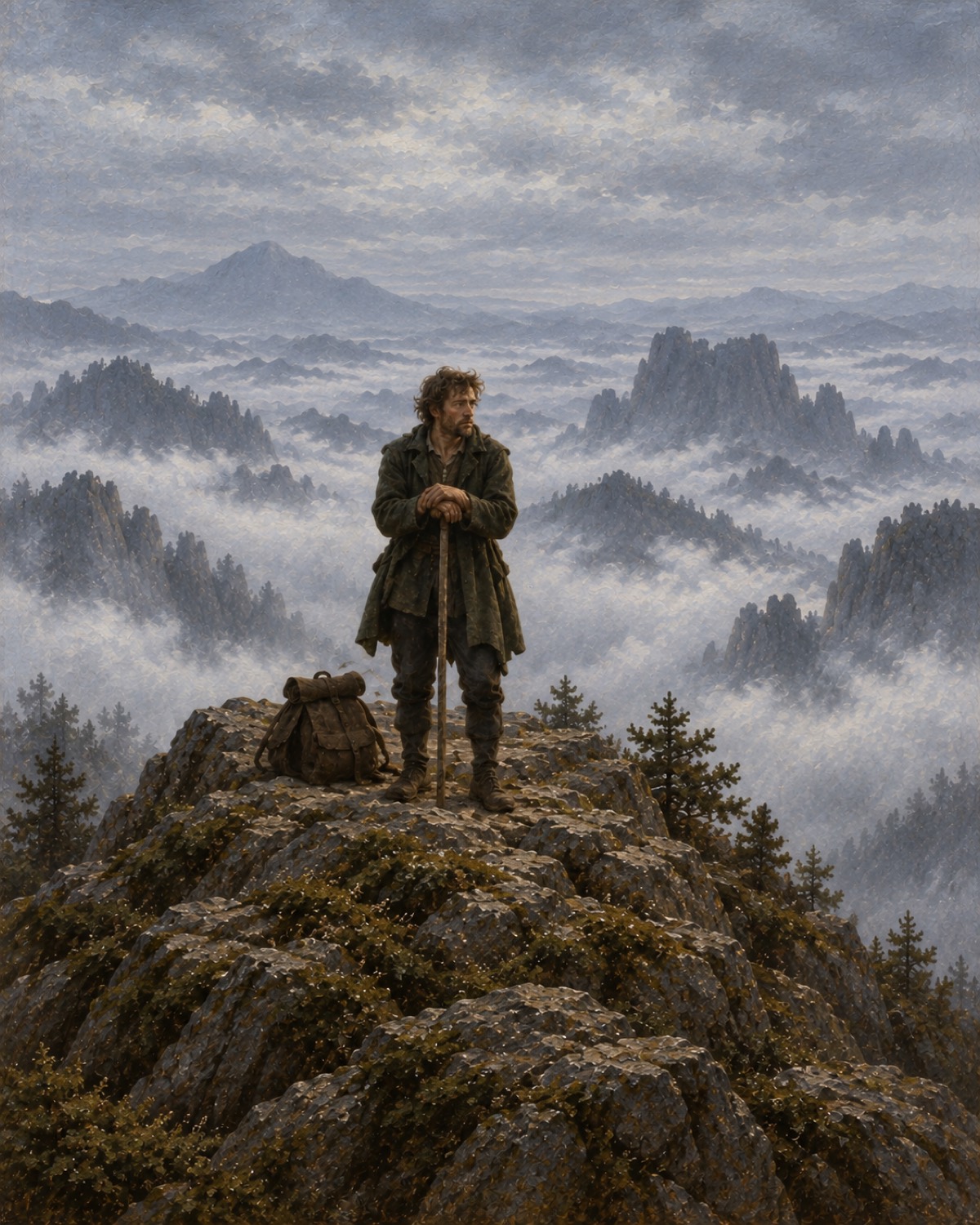 Der Wanderer steht allein auf einem Gipfel über einem Wolkenmeer