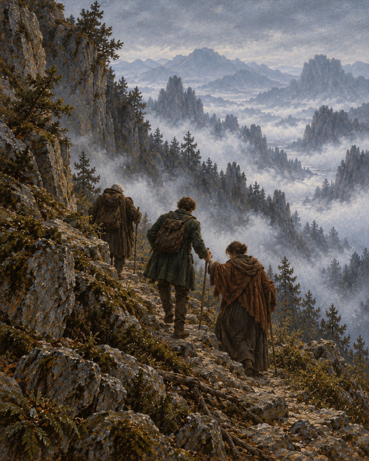 Der Wanderer geht gemeinsam mit anderen Menschen einen neuen Weg