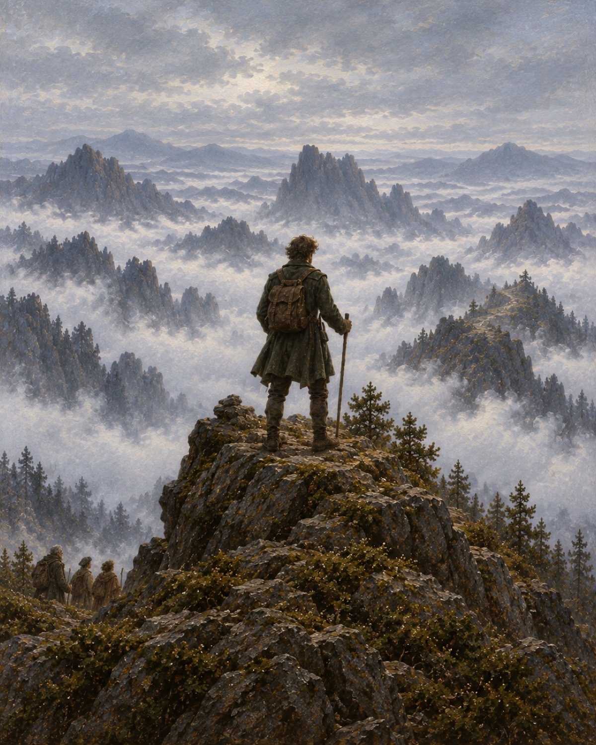 Der Wanderer steht nicht mehr allein auf dem Felsen; hinter ihm führt der Weg weiter